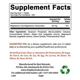 Best Naturals Magnesium Gluconate (35 mg Elemental Magnesium from 600mg of Magnesium Gluconate) 180 Tablets