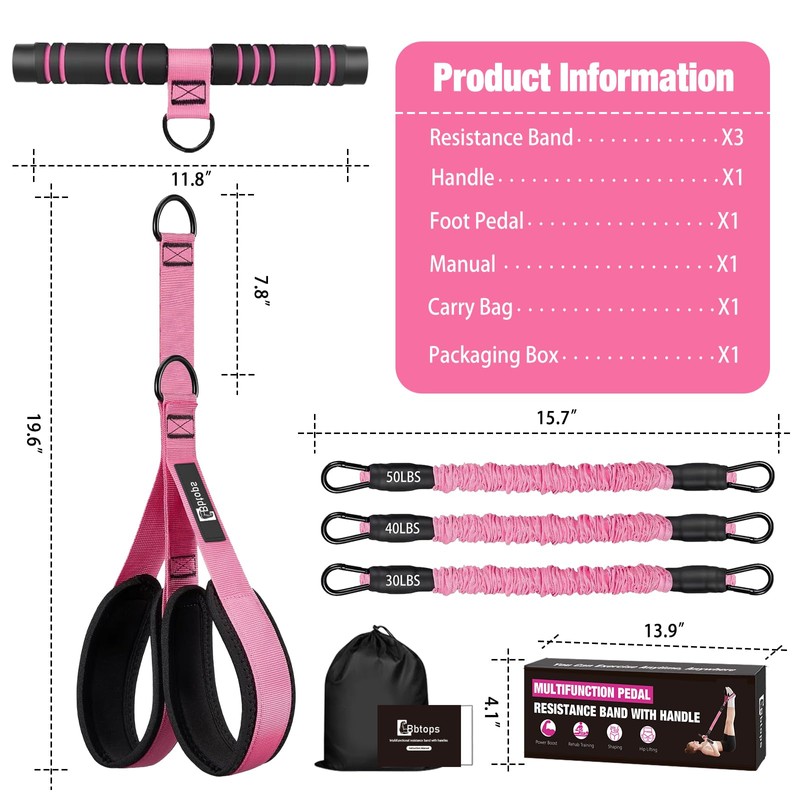 Bbtops Pedal Resistance Band with Handle for Women Men, Pink