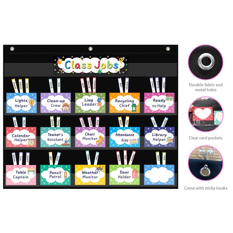 REGELETO Class Jobs Pocket Chart with 70 Colorful Dry Erase