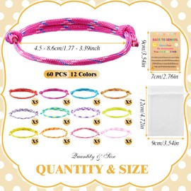 Huquary 60 Sets Back to School Friendship Bracelet First Day of School Gifts for Students Bulk Inspirational Adjustable Braided Bracelets with Cards Classroom Exchange End of Year, 12 Colors