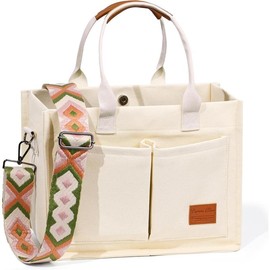 Large Canvas Tote Bag for Women with Pockets, Crossbody  Handbags, Work and Everything Bags for College, Everyday Use - Color: Beige