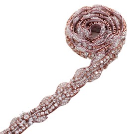 Rose Gold Rhinestone Beaded Wedding Dress Applique Sparkly for Bridal Ribbon Belt Iron on Crystal Thin Jeweled Sash Applique for Women Formal Prom Evening Bridesmaid Gown