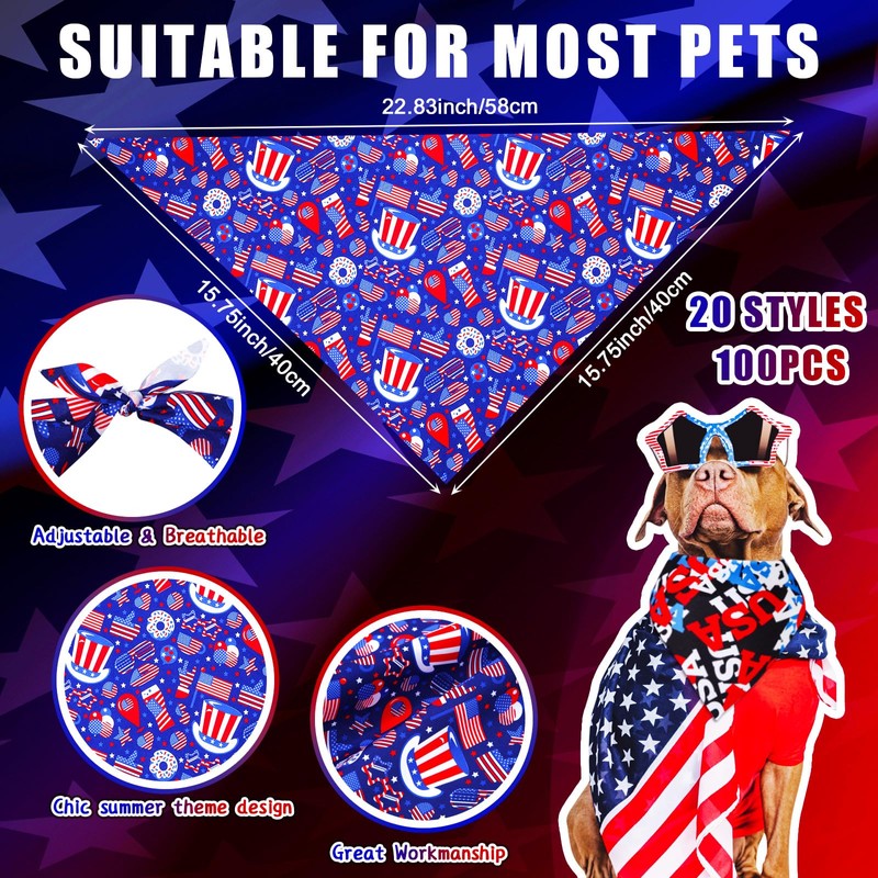 Locmeo 100 Pcs 4th of July Dog Bandanas Bulk Independence