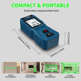 Mini Green Laser Distance Meter 262Ft – Rechargeable Digital Measuring Tool with USB Type-C, Area/Volume Modes, Max/Min, ±3mm Accuracy, Pocket-Sized Compact Design