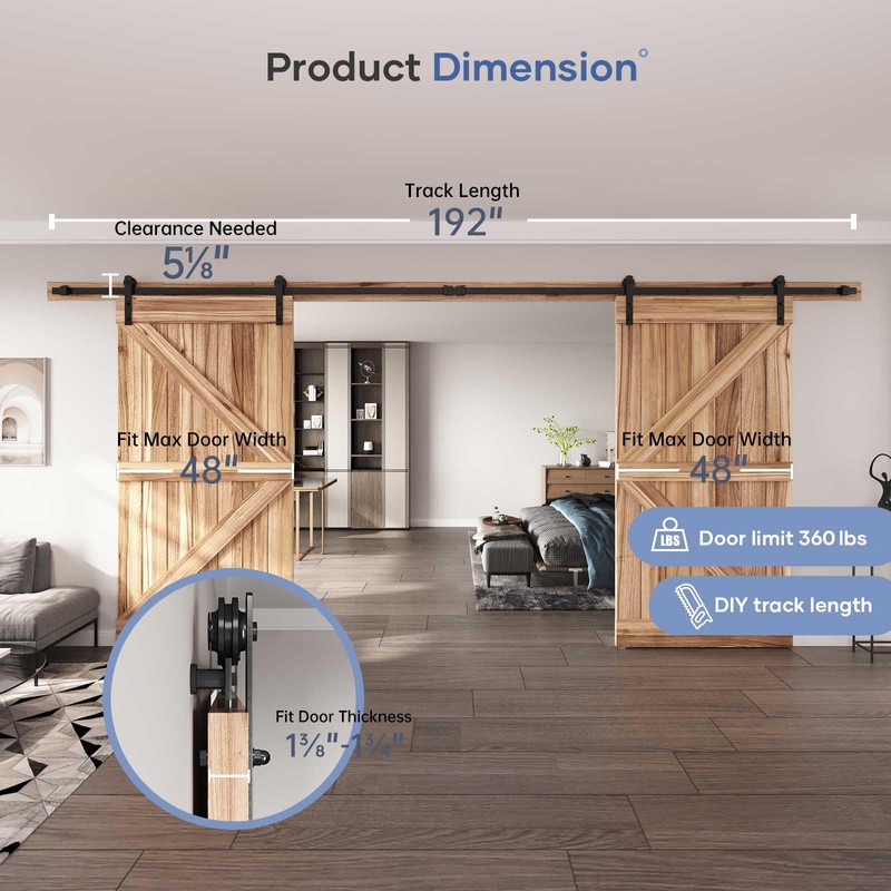 EaseLife 16 FT Double Doors Sliding Barn Door Hardware Track