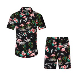 EISHOPEER Men's Flamingo Hawaiian Shirt and Short 2 Piece Outfits Vacation Sets with Bucket Hats 3X-Large