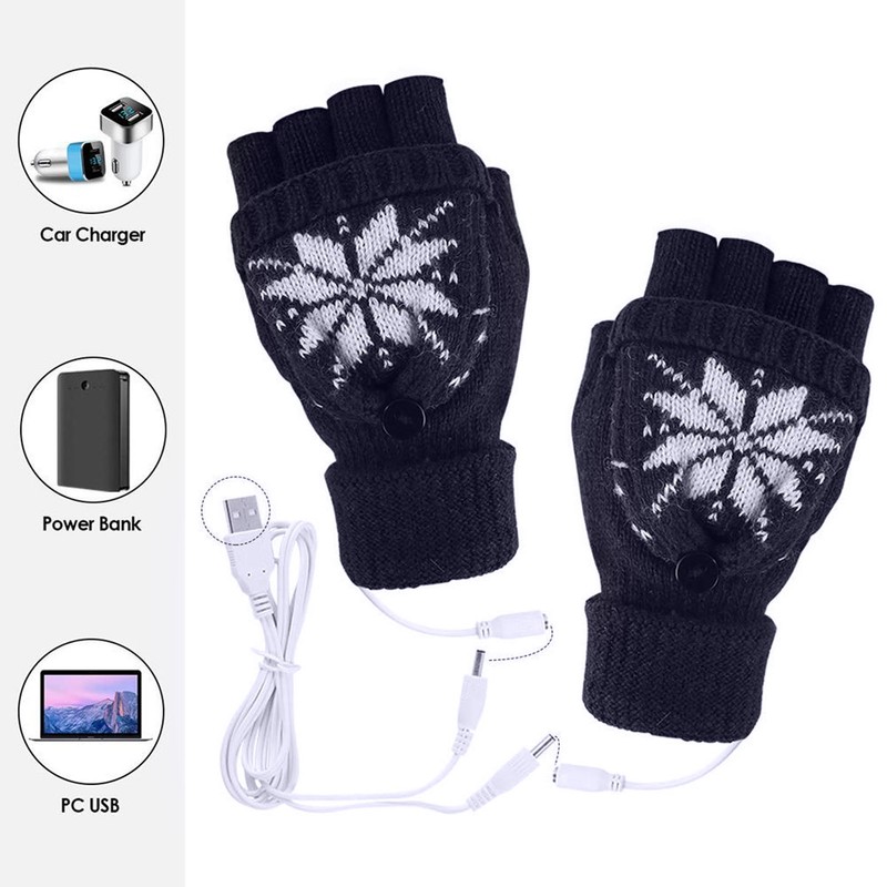 USB Heating Gloves Full Half Fingerless Knitting Double Side Warm