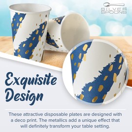 SILVER SPOONS (18 - Pack 9 Oz.) Elegant Disposable Coffee Cups - Drinking Hot Cups For Coffee, Tea, Hot Chocolate & All Sort Of Beverages, Paper Coffee Cups, Great For Home, Deco Design - Blue