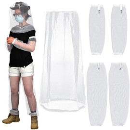 5Pcs Anti Mosquito Netting Suit, Mosquito XL Head Hat with Mesh Net, Arm and Leg Sleeves Protective Cover for Camping Fishing(White)