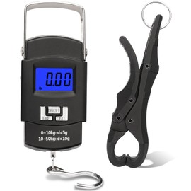 FOWSRHRG Digital Fish Scale with Lip Gripper, 110 Lbs/50 Kg Fish Weight Scale, Backlit LCD Display Fishing Scale and Fish Lip Gripper, Fishing Gifts for Men(Not Included Batteries)