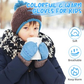 Kiiwah 1P Children's Finger Gloves with Cap, for 5-10 Years Girls Boys Winter Fingerless Knitted Gloves, Warm Children's Gloves (Blue)