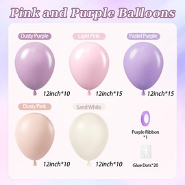 60pcs Pink and Purple Balloons 12inch, Light Dusty Pink Pastel Purple Sand White Balloons for Bridal Wedding Baby Shower Birthday Party Decorations