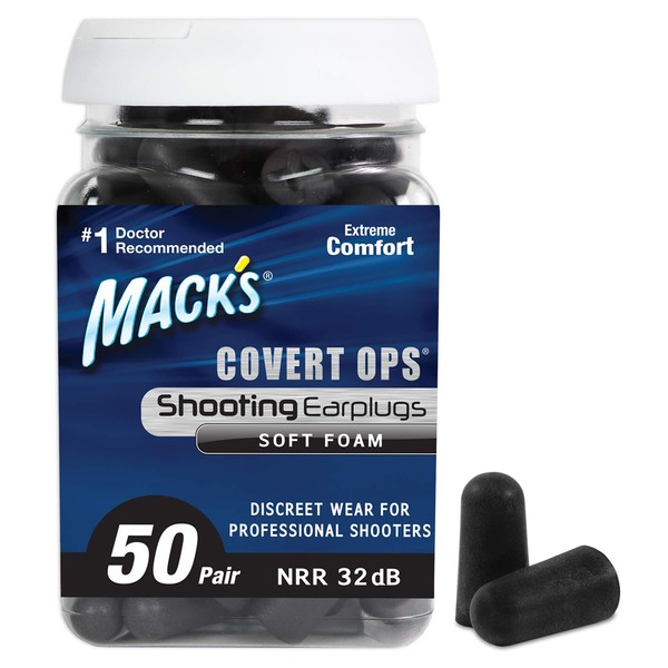 Mack's Covert Ops Soft Foam Shooting Ear Plugs, 50 Pair - 32 dB High NRR - Comfortable Earplugs for Hunting, Tactical, Target, Skeet and Trap Shooting