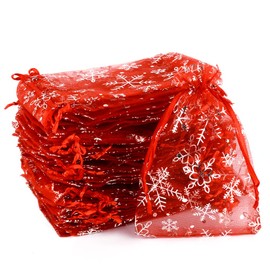 MAOOY Organza Bags Pack of 100 Small Organza Bags 13 x 18 cm Snowflake Pattern Bags Gift Bags with Drawstring Party Favours Wedding Bags for Christmas Baby Shower Party Gift (Red)