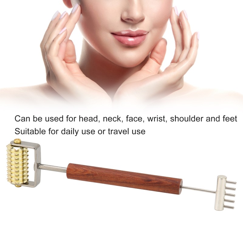 Face Massage Roller Copper Wooden Handle Promote Blood Circulation Double