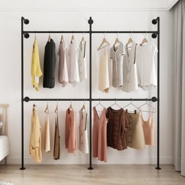 ORSENIGO Industrial Pipe Clothing Rack, Heavy Duty Metal Clothes Rack with Double Rods for Hanging Clothes, Wall Mount Space-Saving Garment Display Rack (Double, Black)