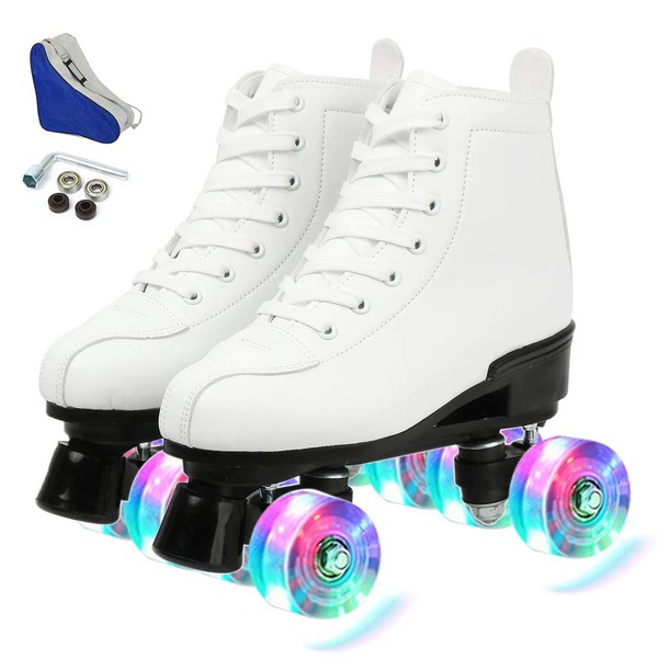 Gets Women's Roller Skates PU Leather High-top Roller Skates Four-Wheel Roller Skates Shiny Roller Skates for Girls Unisex (White Flash Wheel,US: 7)