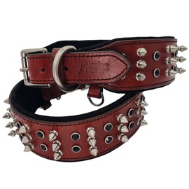 BlazingPaws® Sabrington 2 inch Wide Luxury Spike Leather Dog Collar for Large Dogs with Screw-on Spikes in Premium Cherry Bridle Leather and Soft Suede Leather Padding (Neck Size:19-22 Inches, Cherry)