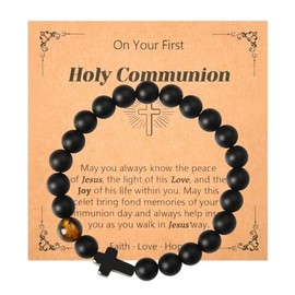 First Communion Gifts for Boys Catholic Rosary Beads Wrist Bracelets Black Sideways Cross Bracelet for Teen Boys Religious Christian Gifts for Son Nephew Grandson Godson Holy Communion Decor Bracelet