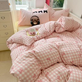 Covebett Bed Linen 135 x 200 cm Checked Pink White with Bows Checked Pattern Girls Duvet Cover 2-Piece Aesthetic Modern Checked Soft Microfibre Duvet Cover with Zip and Pillowcase 80 x 80 cm