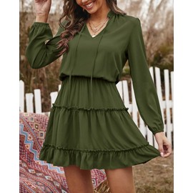 BTFBM Long Sleeve Fall Dresses for Women 2025 Summer Casual Tie Neck Ruffle Tiered A Line Wedding Guest Short Mini Dress(Long Sleeve Green, Medium)