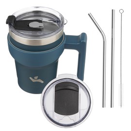 10 oz Tumbler with Handle and 2 Straw 2 Lid, Insulated Water Bottle Stainless Steel Vacuum Cup Reusable Travel Mug, Navy Blue