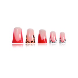 NBNTGH Red French Tip Glue On Nails Leopard Print 24Pcs Glossy Reusable Artificial Acrylic Full Cover False Nails
