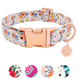HSIGIO Soft Cotton Dog Collar, Adjustable Durable Dog Collar with Metal Buckle, Orange Floral with Pendant Girl Boy Dog Collars Gift for Small Medium Large Dogs, S