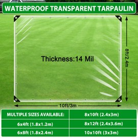 Clear Tarps Heavy Duty Waterproof 8x10 Ft, 14Mil PVC Transparent Vinyl Tarpaulin for Home, Clear Tarps with Grommets for Patio, Outdoor Porches, Pavilion Rain Shield, Winter Rainproof Canopy Fabric