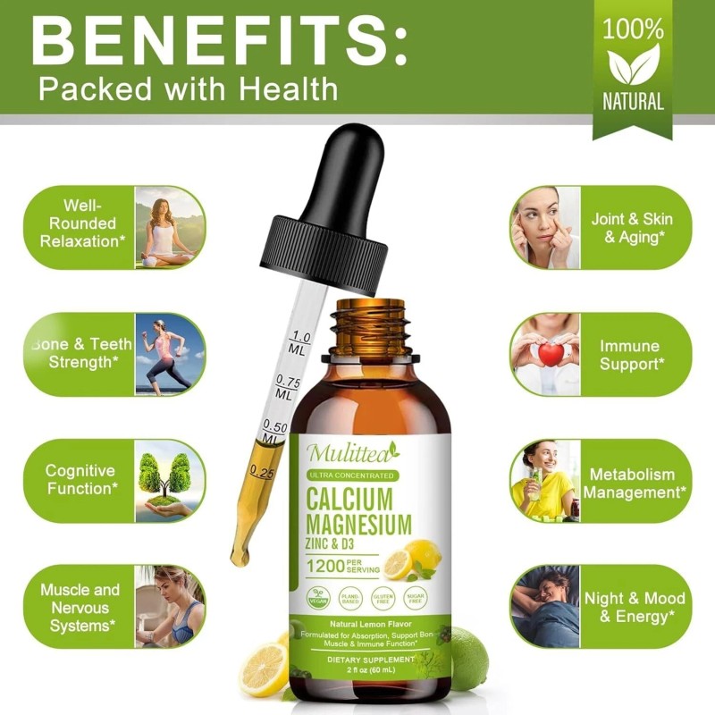Mulittea Calcium Magnesium Zinc Drops 60ml High Absorption for Heart