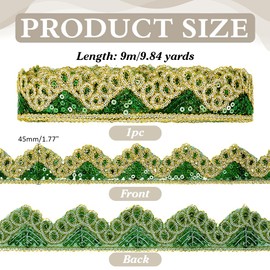 PH PandaHall 9m Green Gold Sequin Trim 45mm Wide Beaded Fabric Trim Embellishments Sparkly Upholstery Trim Sewing Supplies Applique Lace for St Patrick's Day Decor DIY Craft Dress Clothing Curtain