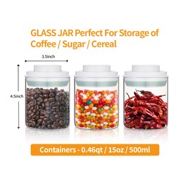fecoqi POP-UP Lid Airtight Food Galss Storage Jars- 3 Pcs(0.43qt / 14oz)，Stackable One Button Opening Food Containers，Kitchen Pantry Organization Coffee Dried fruit Candy Cookies Nuts