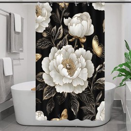 Black and Gold Boho Floral Shower Curtain, Vintage Unique Dark Flowers Botanical Aesthetic Decorative Shower Curtain Set, Pretty Gold Boho Farmhouse Curtains Bathroom Accessories with Hooks 36"x72"
