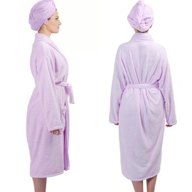 TOCOHO Women Microfiber Coral Fleece Full- Length Bathrobe with Hair Towel Wrap, Soft, Absorbent and Warm (Standard, Lavender)
