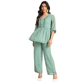 Janasya Indian Women's Chiffon Sage Woven Design Casual Wear Co-ord Set for Women