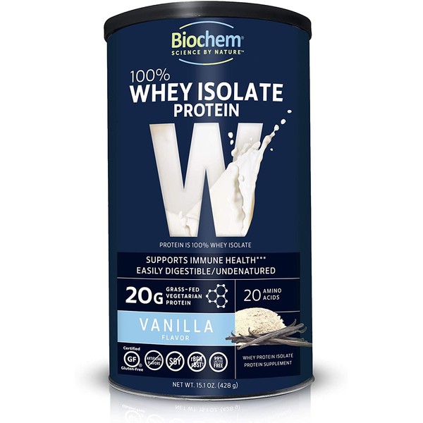 Biochem 100% Whey Isolate Protein - Vanilla - 15.1 oz - Supports Immune Health - Easily Digestible - Refreshing Taste - 20g Vegetarian Protein - Amino Acids