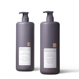 Kristin Ess Hair Purple Shampoo and Conditioner Set for Blonde, Brunette, Silver + Gray Hair, Anti Brass + Yellow Tones, Safe for Color Treated Hair, Sulfate Free Toning Shampoo Conditioner - 1 Liter
