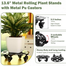 1 Pack Metal Plant Caddy with Wheels 13.6” Heavy-Duty Wrought Iron Rolling Plant Stands with Casters Indoor and Outdoor Plant Pot Roller Base Plant Saucer Movers Black, Strong Load Capacity