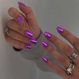 Purple Chrome Square Press on Nails Short Medium, SXVME Metallic Fake Nails Acrylic Press ons, Mirror Metal Chrome Glue on Nails Medium,Short Coffin False Nail in 24 PCS
