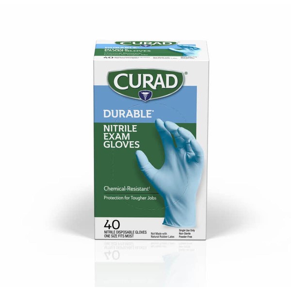 Curad Nitrile Exam Gloves, Durable, Powder Free, Chemical Resistant, One Size Fits Most, 40 Count