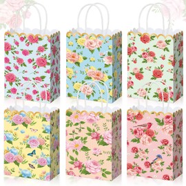12Pcs Tea Party Gift Bags Spring Floral Gift Bags with Handles Tea Party Favors Vintage Flowers Paper Bag Spring Wildflower Favors Decoration for Princess Birthday Wedding Garden Bridal Shower