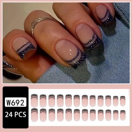 Black French Tip Press on Nails Medium Square Fake Nails Silvery Glitter French Tip Nails Glossy Acrylic Full Cover Glue on Nails French False Nails Reusable Stick on Nails for Women and Girls 24PCS