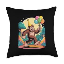 Bigfoot Birthday Party Sasquatch with Balloons Celebration Throw Pillow