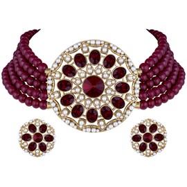 Aheli Kundan Pearl Choker Multi Layered Collar de cuentas Pendientes Set Joyería de boda tradicional india para mujeres (granate)