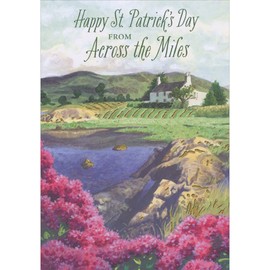 Designer Greetings Pink Flowers, Lake and Rolling Hills with Gold Foil Accents Across the Miles St. Patrick's Day Card