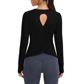 BMJL Women's Long Sleeve Workout Tops Open Back Gym Athletic Shirts Casual Yoga Running T-Shirts Fall Outfits 2025 (Medium, Black)