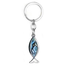 Key Ring Ichthys Fish 5 cm Silver Paua Shell Abalone Mother of Pearl Blue Green Pink Fish Symbol Christian Symbol, multicoloured