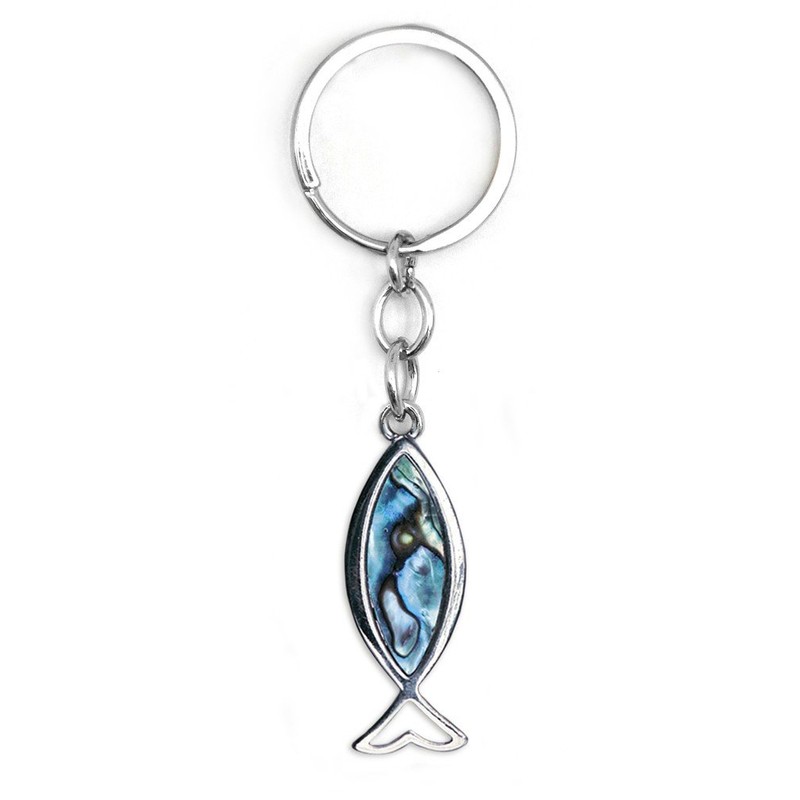 Key Ring Ichthys Fish 5 cm Silver Paua Shell Abalone