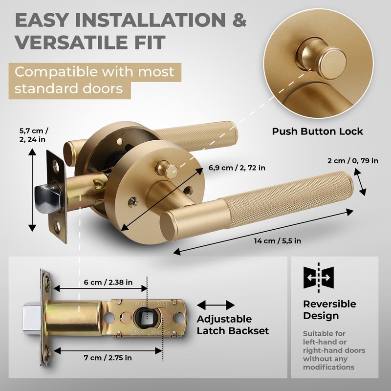Litlheim Privacy Knurled Brass Door Handle - Durable, Stylish Interior