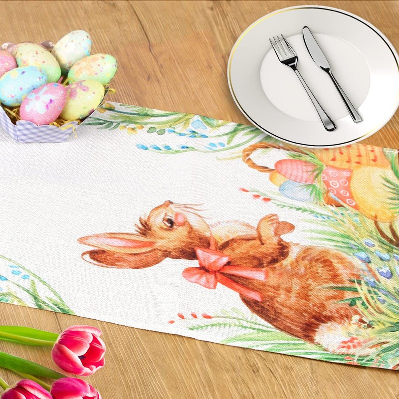Sprinlot Easter Table Runner, Rabbit Table Runner, Easter Linen Tablecloth,